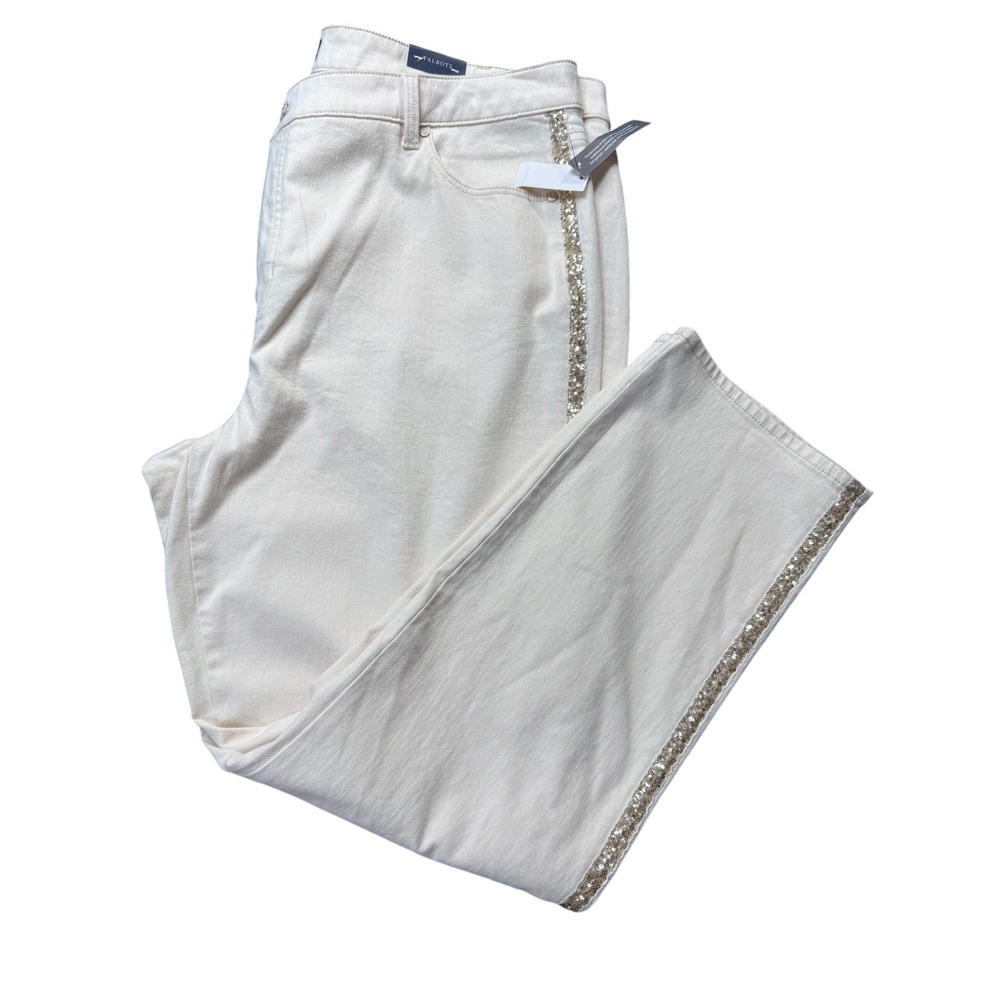 Talbots Straight Leg Jeans Womens 20W Ivory NWT Sequin Stripe High Waist Denim